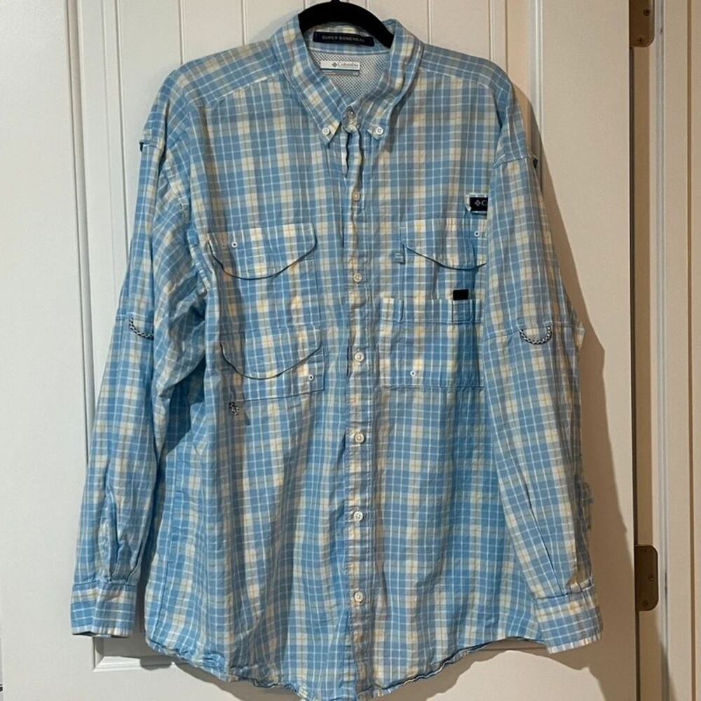 Columbia PFG Super Bonehead Shirt Mens L Blue Yellow Plaid LS Vented